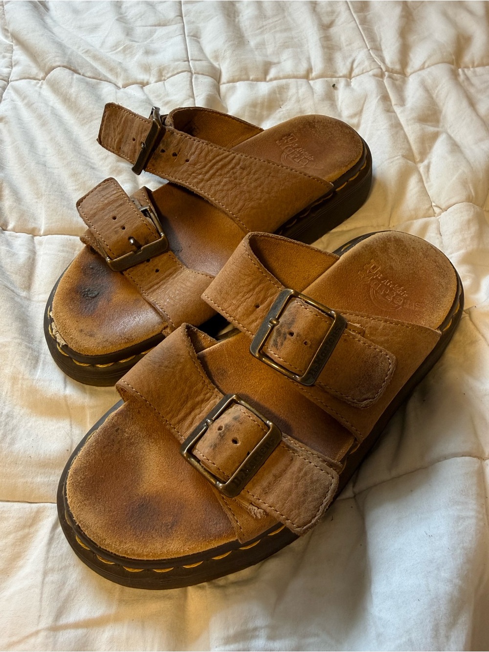 Dr. Martens tan suede double-strap platform slide sandals 🤎